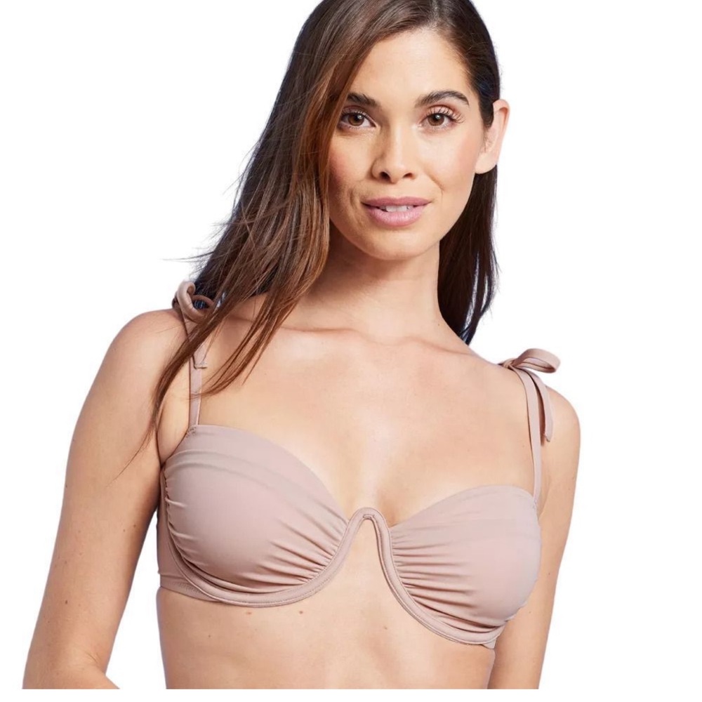 Shoulder Tie Shirred Underwire Bikini Top Shade & Shore Light Br…